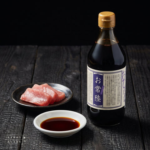 Shibanuma, Ohitachi Raw Soy Sauce, 500ml, with tuna sashimi and a soy dish