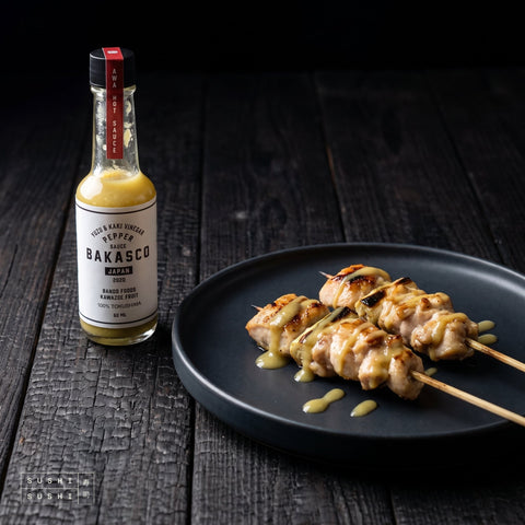 Bakasco Yuzu & Pepper Hotsauce, 60mL, with grilled chicken yakitori