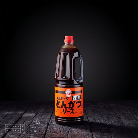 Bull-Dog, Tonkatsu Sauce, 1.8L, bottle on charred shou sugi ban wood against a black backdrop