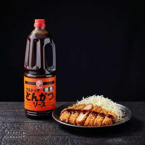 Bull-Dog, Tonkatsu Sauce, 1.8L, beside sliced tonkatsu with shredded cabbage