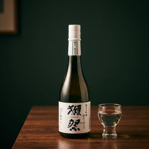 Dassai 39 Junmai Daiginjo sake bottle beside tokkuri flask and ochoko cups