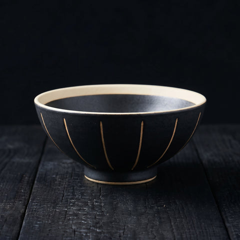 Mino Ware, Carved-Tokusa Black Large Shallow Bowl, 128x58mm