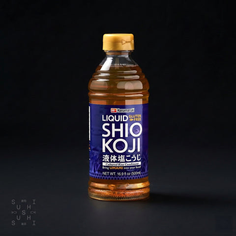 500ml golden Hanamaruki Liquid Shio Koji bottle with retained watermark, blue label, and gold cap