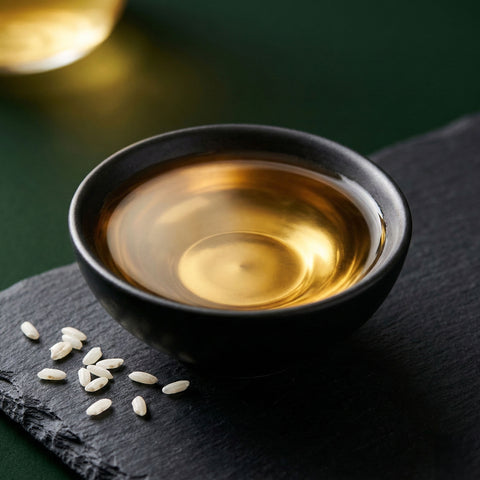 Close-up of clear, golden Hanamaruki Liquid Shio Koji in a dark sake cup with scattered rice grains