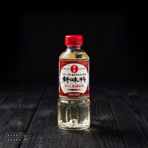 Hinode, Honteri Low Alcohol Mirin, 400ml, bottle on charred shou sugi ban wood against a black backdrop