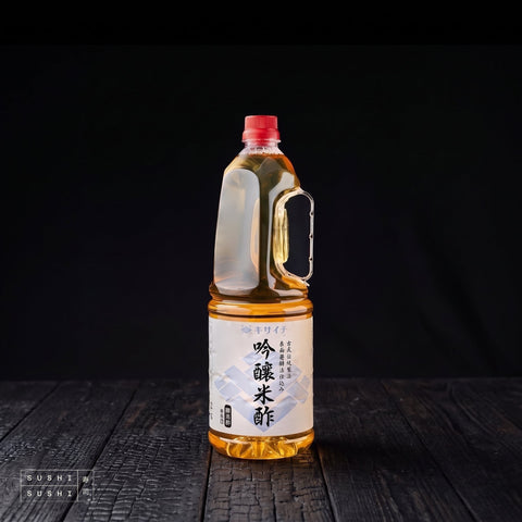 Kisaichi, Premium Rice Vinegar, 1.8L, bottle on charred shou sugi ban wood