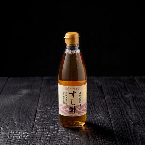 Kisaichi, Premium Sushi Vinegar, 360ml, bottle on charred shou sugi ban wood against a black background
