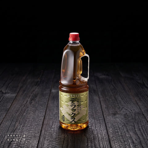 Kisaichi, Premium Sushi Vinegar with Akasu, 1.8L, bottle on charred shou sugi ban wood against a black backdrop