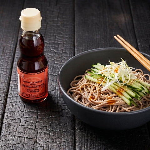 Kuki, Dark Roast Sesame Oil, 170g, drizzled over chilled soba noodles with cucumber
