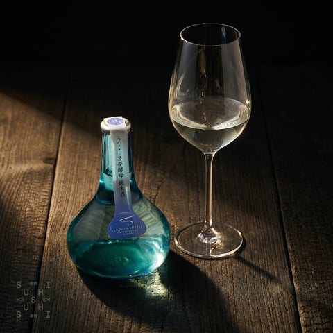 Homare Junmai sake, blue Aladdin bottle detail