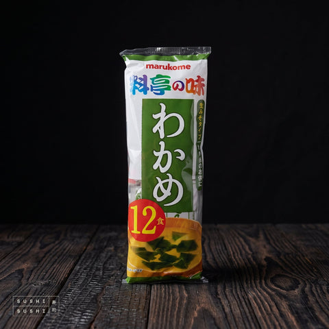 Marukome, Instant Miso Soup, 12 Sachets, pack on charred wood