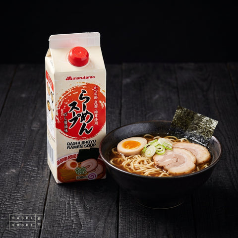 Marutomo, Shoyu Ramen Soup Concentrate, 500ml, beside a bowl of shoyu ramen