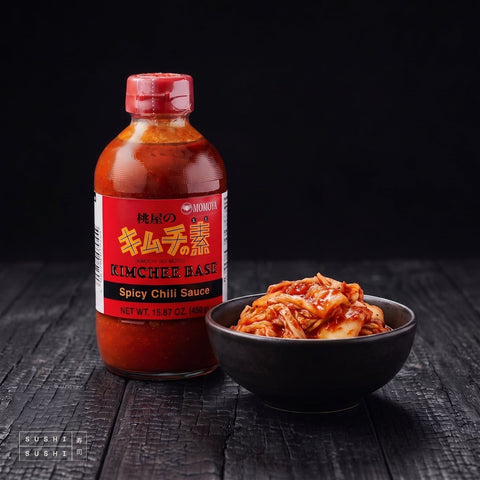 Momoya, Kimchi Sauce Concentrate, 450ml, with a bowl of napa cabbage kimchi