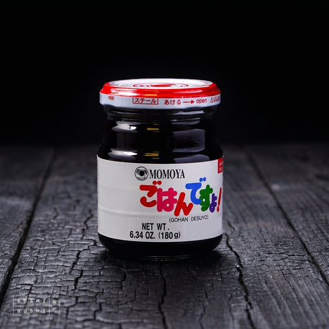 Momoya, Nori Seaweed Jam, 180g, jar on charred wood