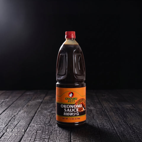 Otafuku, Okonomi Sauce, 1.8L, bottle on charred shou sugi ban wood