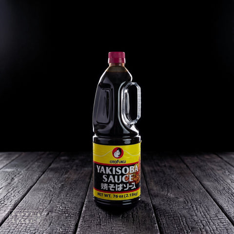 Otafuku, Yakisoba Sauce, 1.8L, bottle on charred shou sugi ban wood against a black background