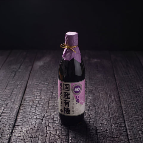 Sashikomi, 4 Year, Double Aged Soy Sauce, 500ml, bottle on charred shou sugi ban wood against a black backdrop