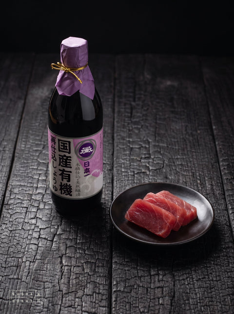 Sashikomi, 4 Year, Double Aged Soy Sauce, 500ml, with tuna sashimi