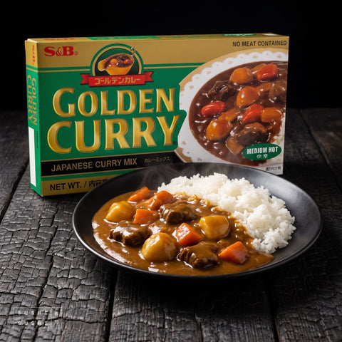 S&B Golden Curry Medium Hot 1kg, beside a plate of Japanese curry rice