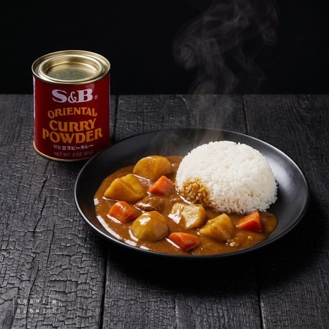 S&B, Japanese Curry Powder, 85g, beside a plate of Japanese curry rice