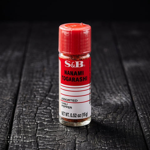 S&B, Shichimi Togarashi, 15g, jar on charred wood