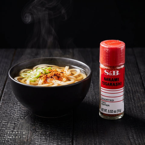 S&B, Shichimi Togarashi, 15g, with a bowl of udon sprinkled with chilli pepper