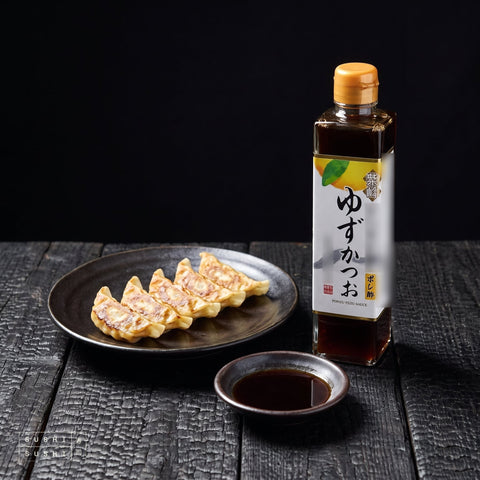 Shibanuma, Classic Yuzu Ponzu, 300ml, with gyoza and a dipping dish