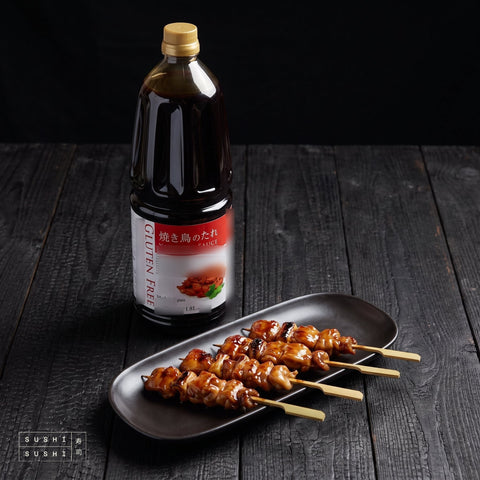 Shibanuma, Gluten Free Yakitori Sauce, 1.8L, with glazed yakitori skewers