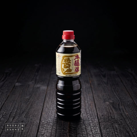 Shizuokake, Japanese Dark Soy Sauce, 1L, bottle on charred shou sugi ban wood