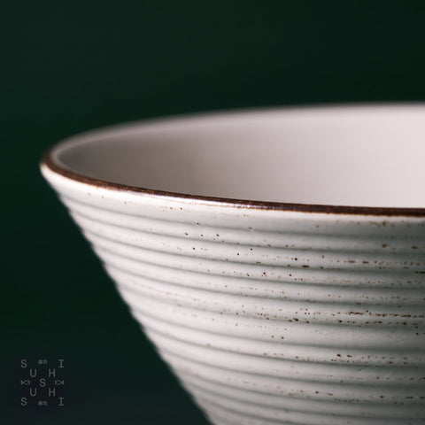 Showa Seito white donburi bowl rim and glaze texture, close up detail