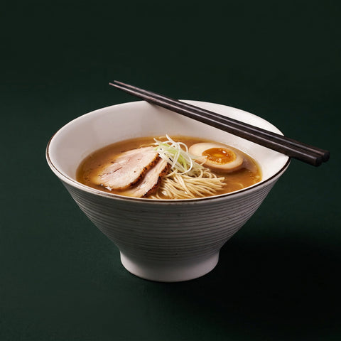 Showa Seito white donburi bowl filled with ramen, traditional serve