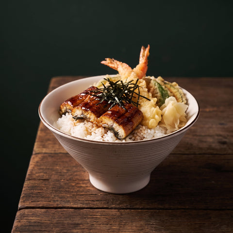 Showa Seito white donburi bowl on dark wood table, styled table setting