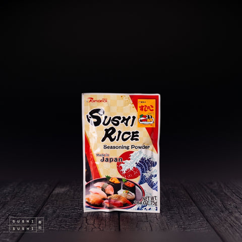 Tamanoi, Sushi Seasoning Powder, 75g, pouch on a charred shou sugi ban wooden surface against a black background