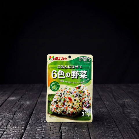 Tanaka, 6 Vegetable Furikake, 33g, pouch on charred shou sugi ban wood