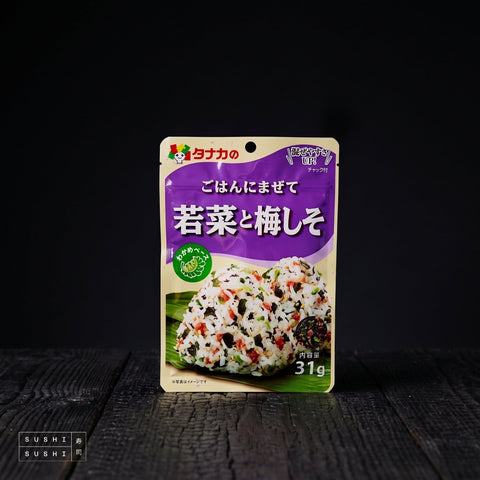 Tanaka, Ume and Shiso Furikake, 33g, pouch on charred wood
