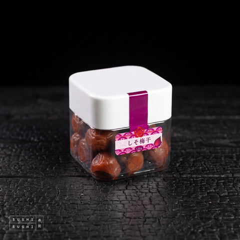Tencho Umeboshi 120g, jar on charred wood