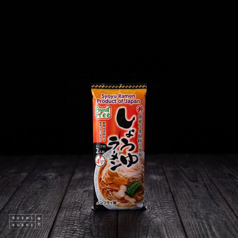 Toa, Shoyu Ramen Noodles (Vegan), 186g, pack on charred shou sugi ban wood against a black backdrop