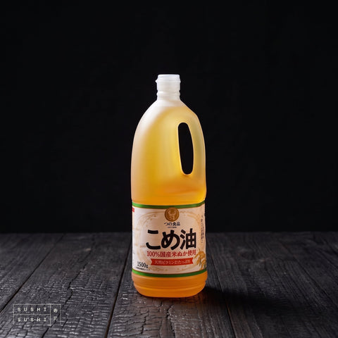 Tsuno, Rice Bran Oil, 1.5kg, bottle on charred shou sugi ban wood