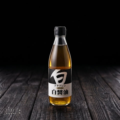 Yamashin, Raw White Soy Sauce, 360ml, bottle on charred shou sugi ban wood against a black backdrop